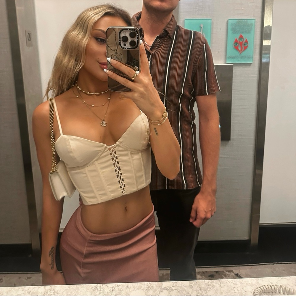 Oh Polly Hera Lace Up Front Corset Crop Top in Ivory